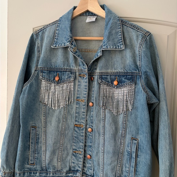 ThreeTwoOne Embroidered Rhinestone Pockets Women's Bride Jean Jacket Medium - Picture 10 of 12